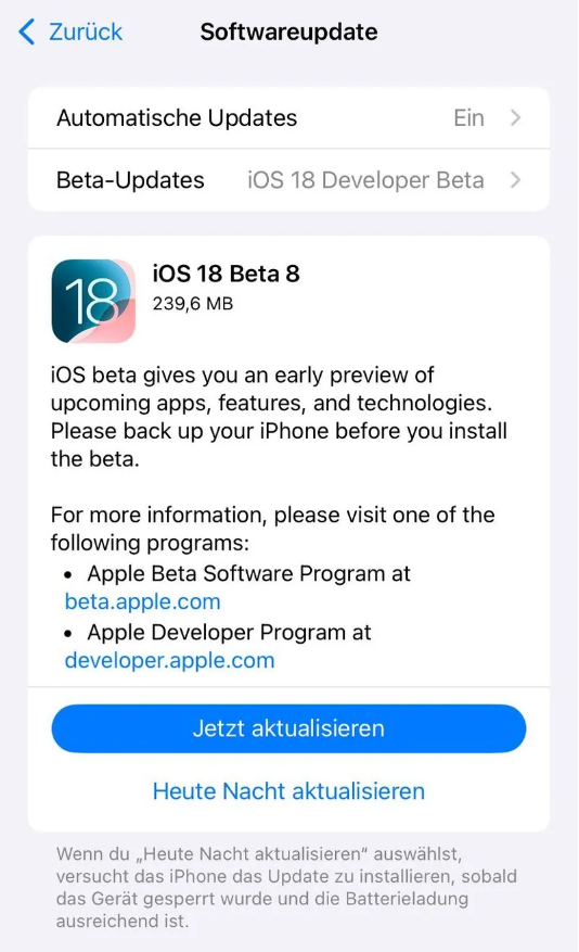 保山苹果手机维修分享苹果 iOS / iPadOS 18 开发者预览版 Beta 8 发布 